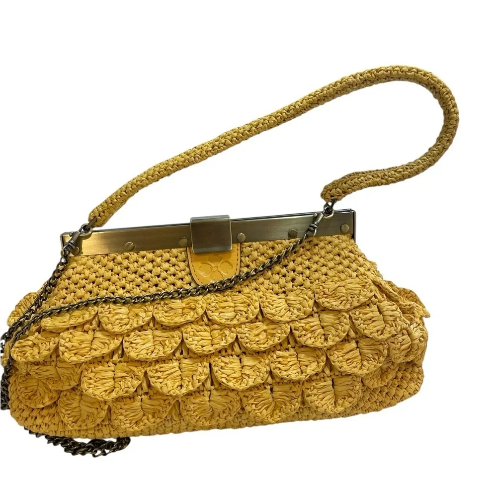 Patricia  Nash butter yellow Woven Raffia vintage inspired Satchel shoulder bag